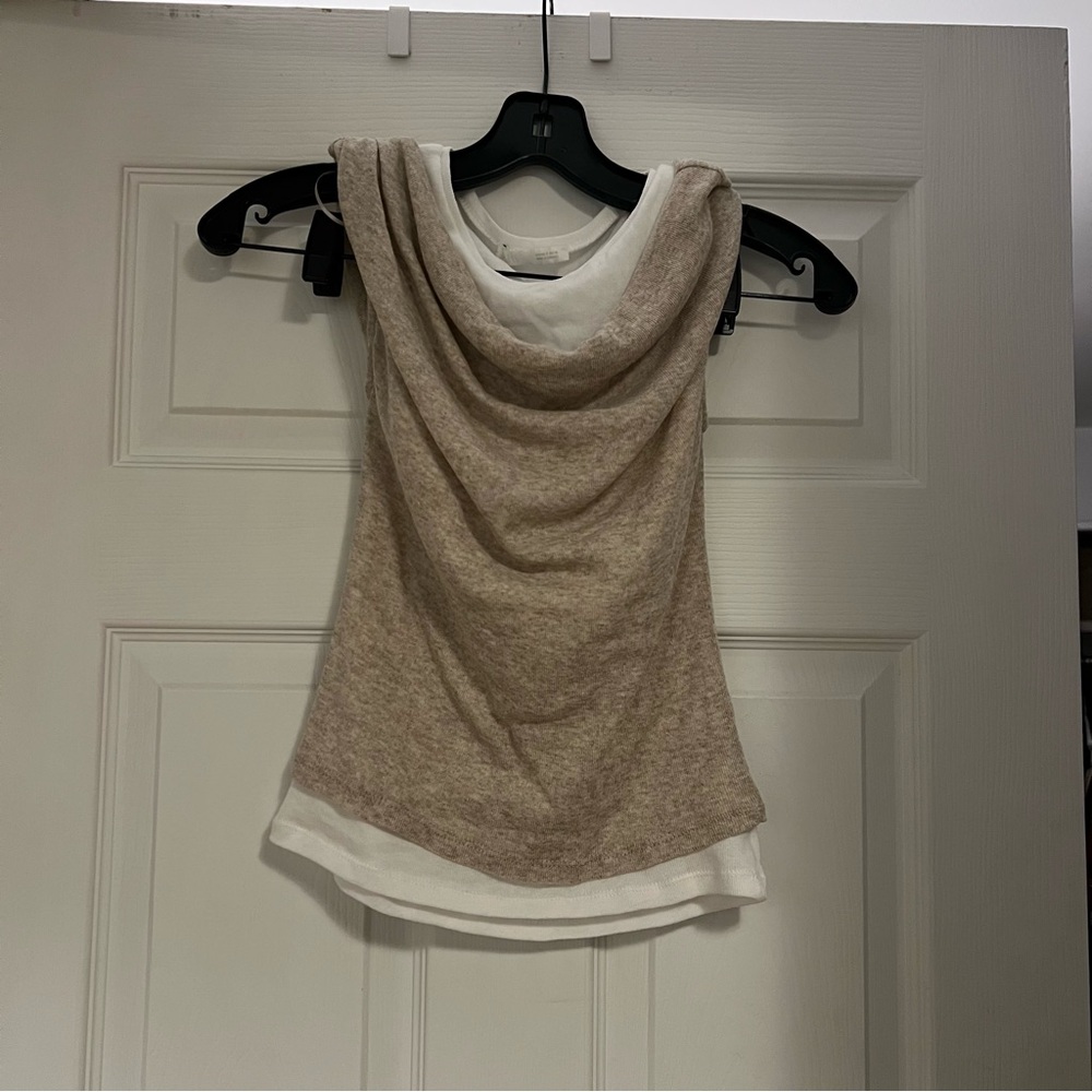 Zara Tan and White Drape Neck Top